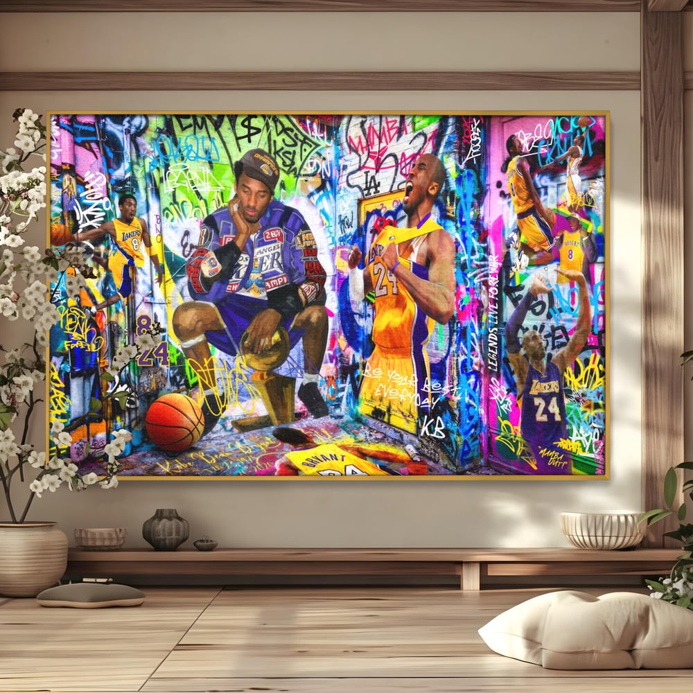 Tablou canvas cu tablou canvas cu kobe bryant si graffiti, in rama de aluminiu auriu